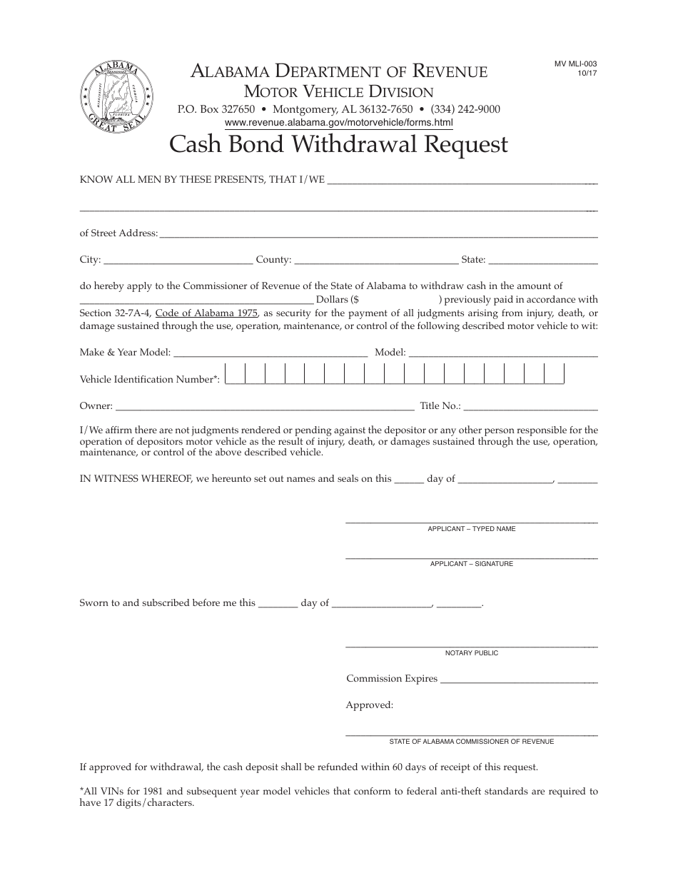 Form MV MLI-003 Cash Bond Withdrawal Request - Alabama, Page 1