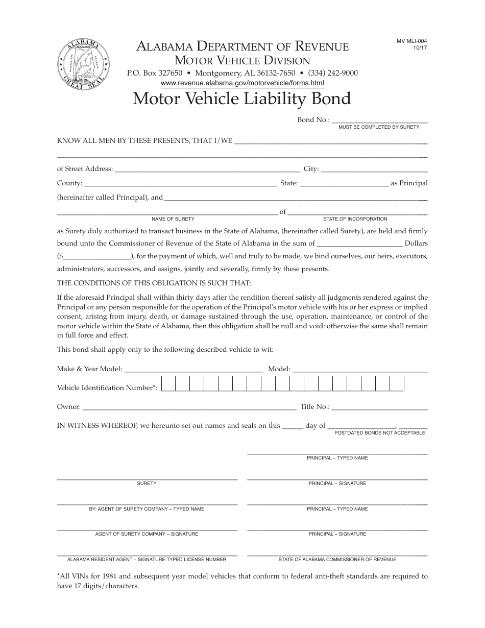 Form MV MLI-004 Motor Vehicle Liability Bond - Alabama, Page 1