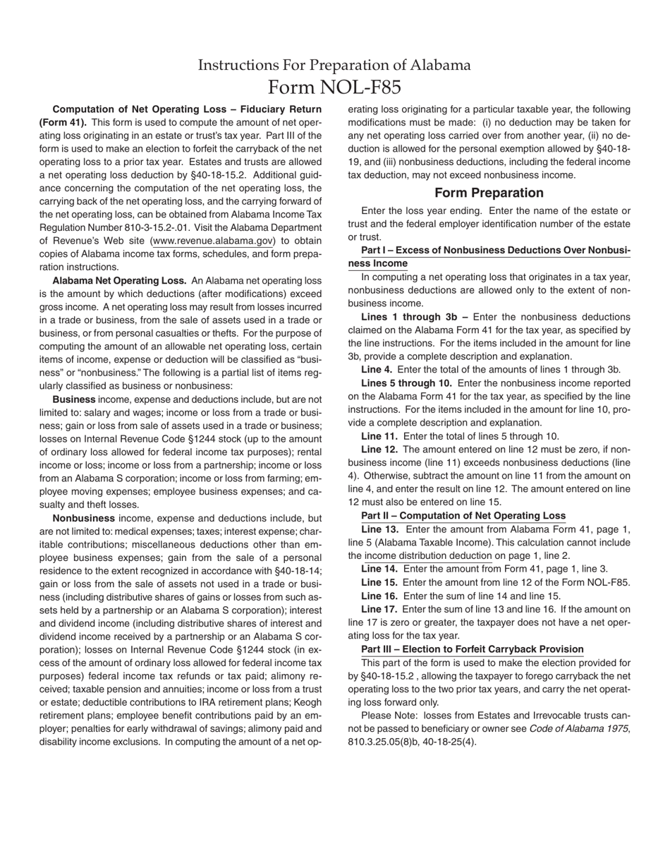 Instructions for Form NOL-F85 Computation of Net Operating Loss - Fiduciary Return (Form 41) - Alabama, Page 1