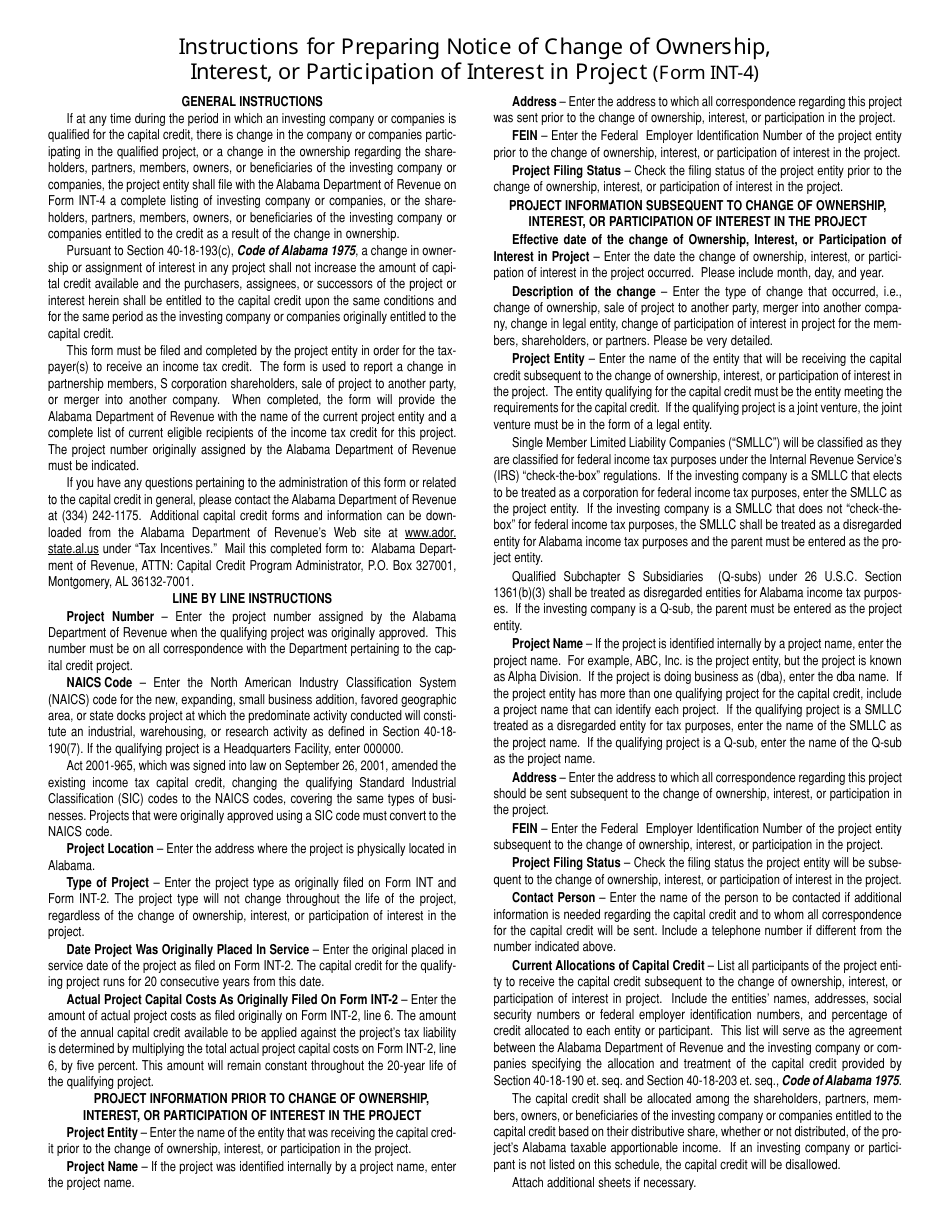Form INT-4 Notice of Change of Ownership, Interest, or Participation of Interest in Income Tax Capital Credit Project - Alabama, Page 2