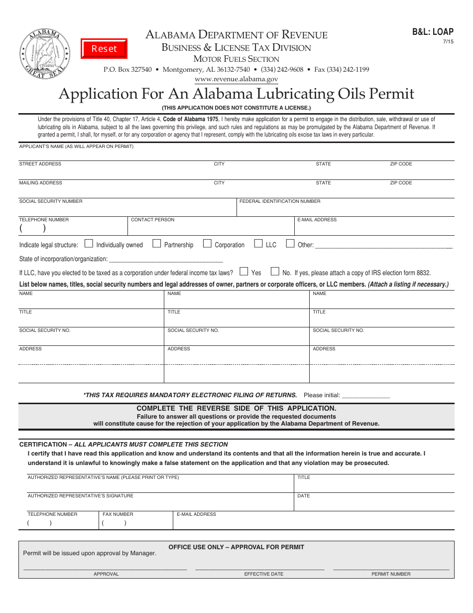 Form BL: LOAP Application for an Alabama Lubricating Oils Permit - Alabama, Page 1