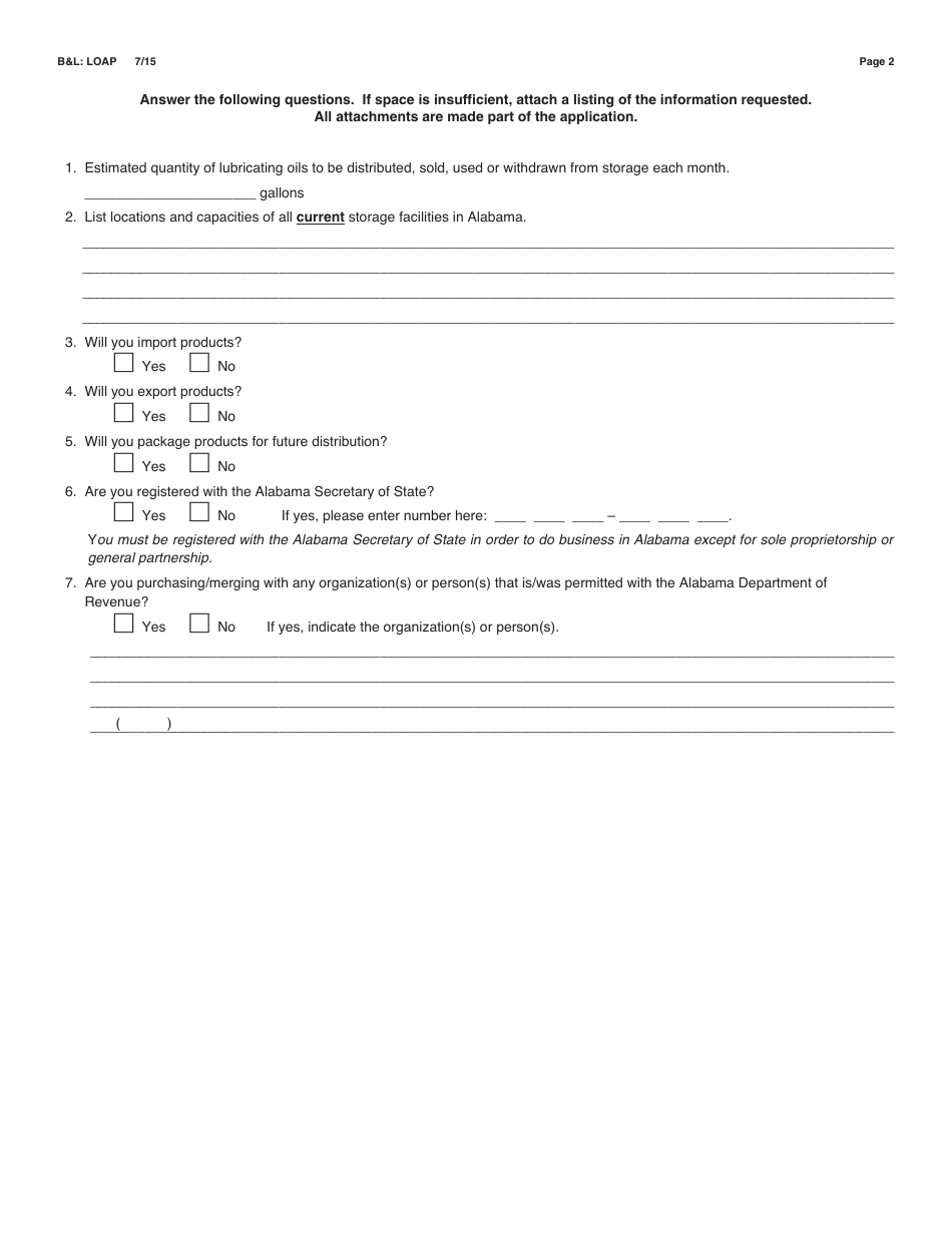 Form BL: LOAP Application for an Alabama Lubricating Oils Permit - Alabama, Page 2