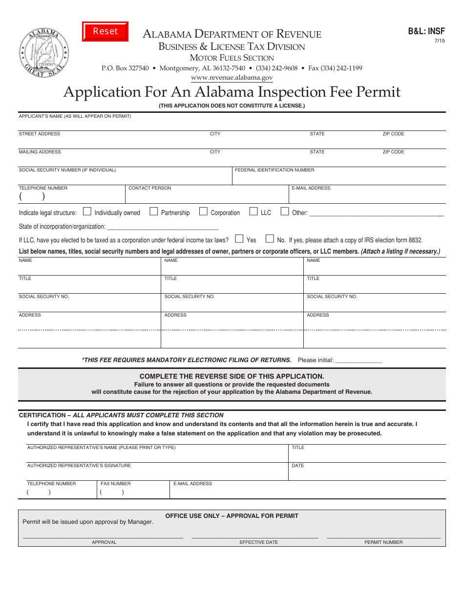 Form BL:INSF Application for an Alabama Inspection Fee Permit - Alabama, Page 1