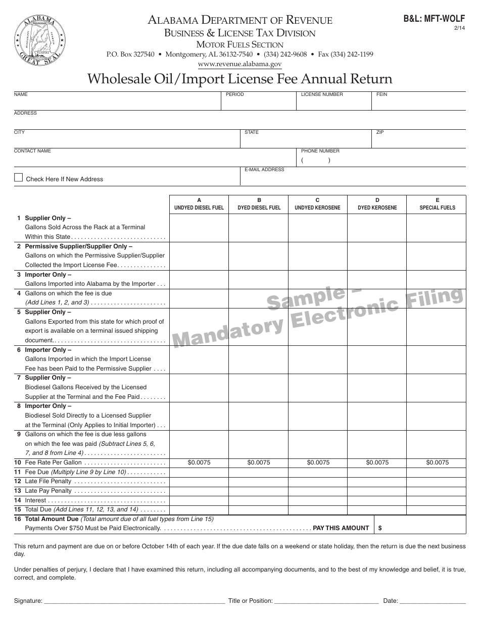Form BL: MFT-WOLF Wholesale Oil / Import License Fee Annual Return - Alabama, Page 1
