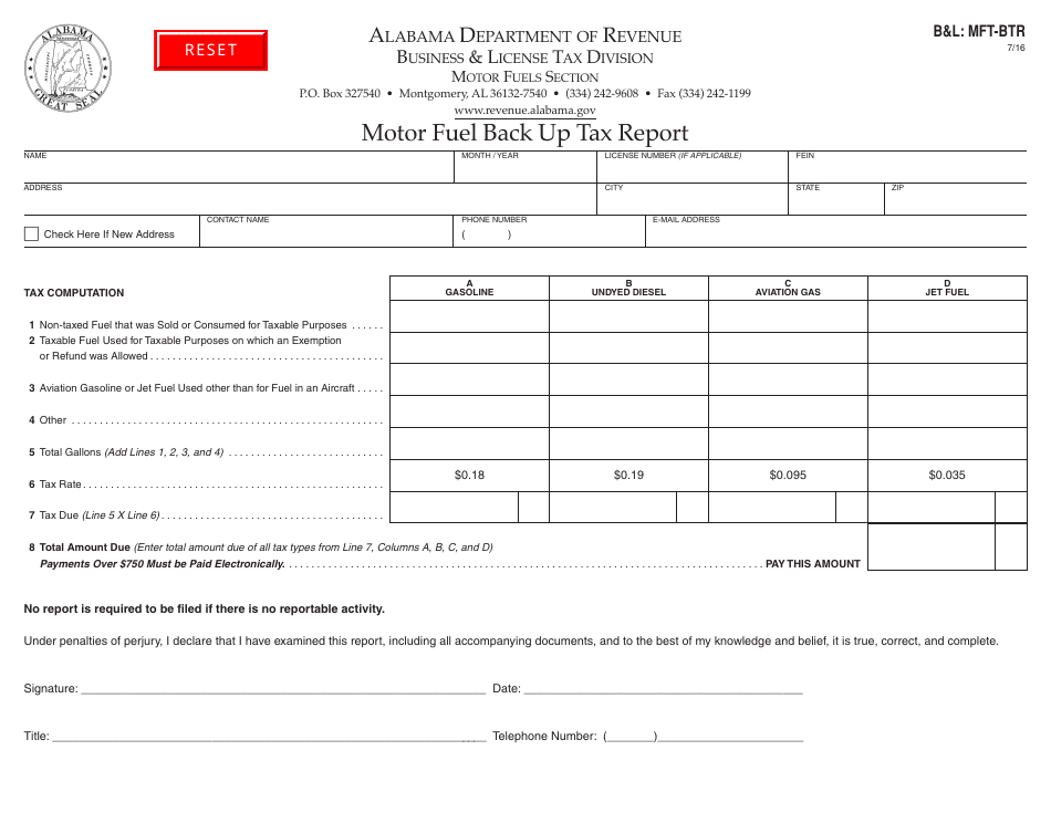 Form BL: MFT-BT Motor Fuel Back up Tax Report - Alabama, Page 1