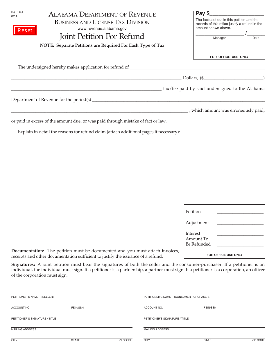 Form BL: RJ Joint Petition for Refund - Alabama, Page 1