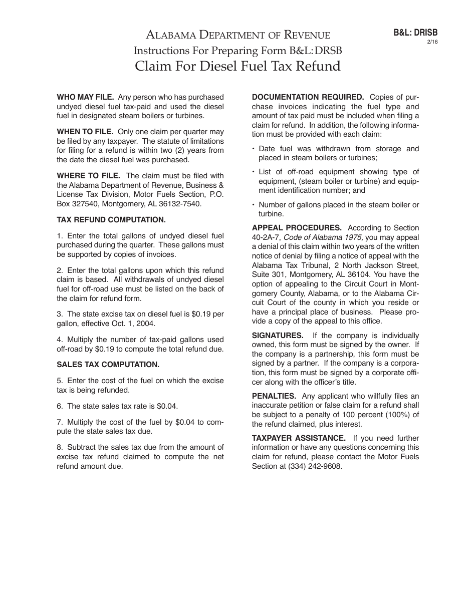 Form BL: DRSB Claim for Diesel Fuel Tax Refund - Steam Boilers / Turbines - Alabama, Page 3