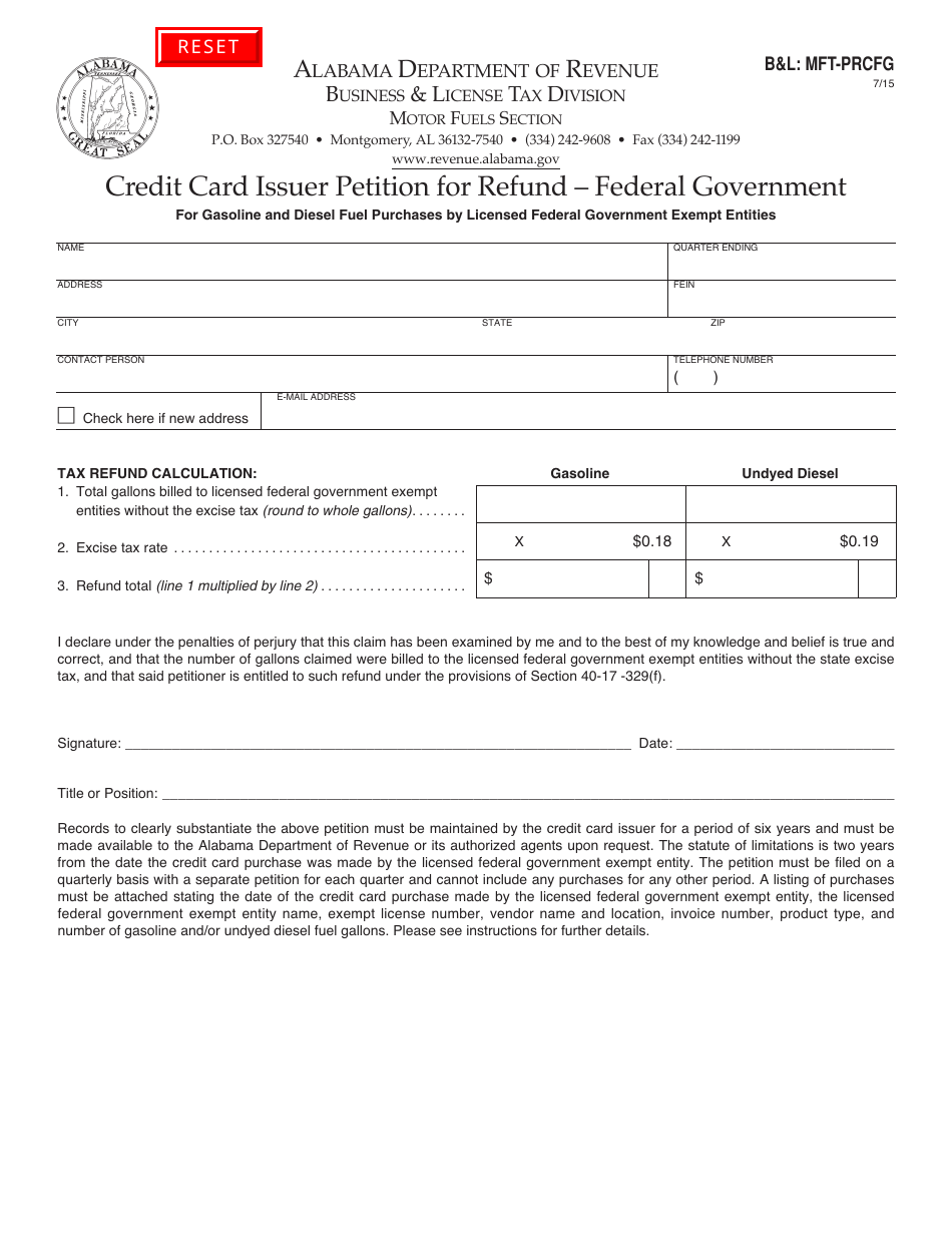 Form BL: MFT-PRCFG Credit Card Issuer Petition for Refund - Federal Government - Alabama, Page 1