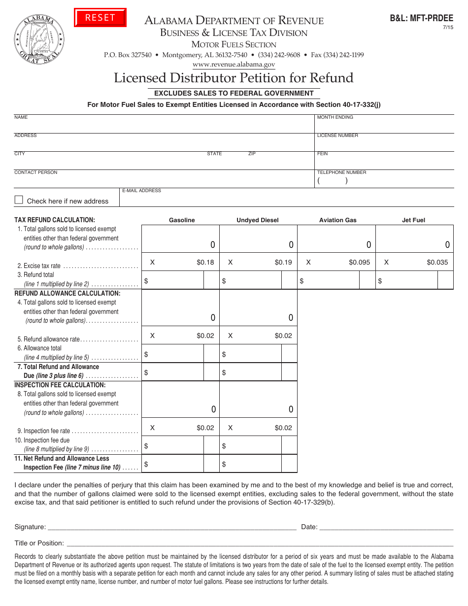 Form BL: MFT-PRDEE Licensed Distributor Petition for Refund - Alabama, Page 1