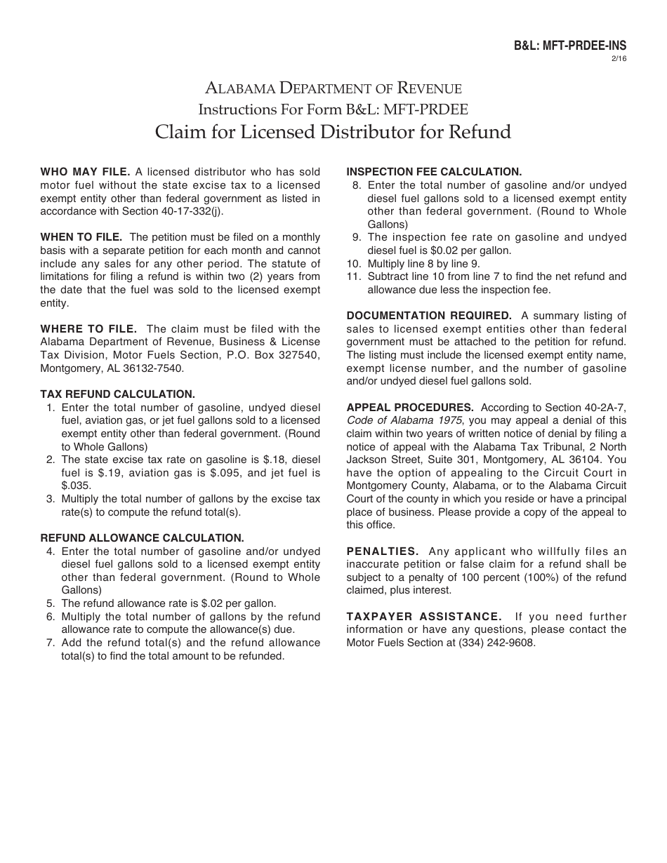 Form BL: MFT-PRDEE Licensed Distributor Petition for Refund - Alabama, Page 3