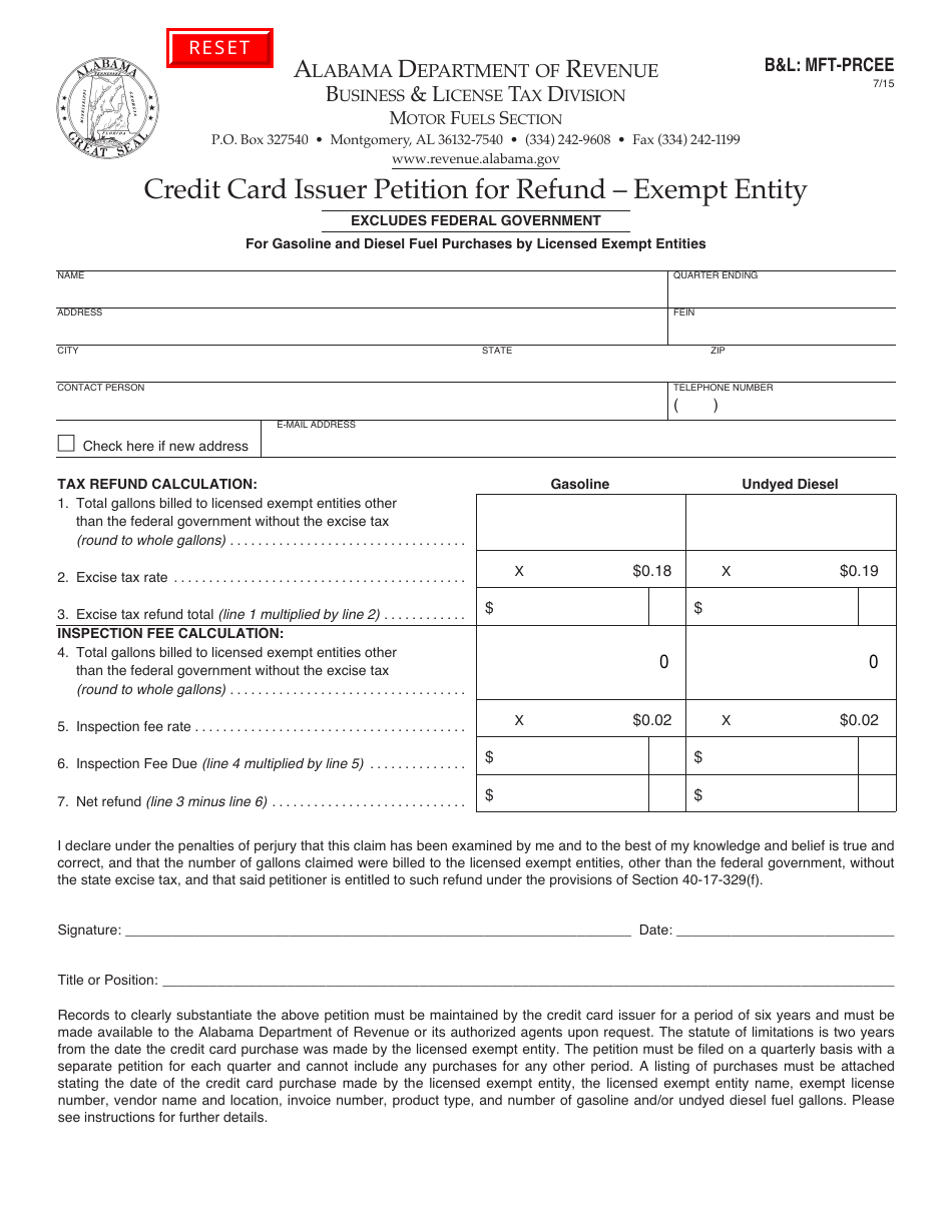 Form BL: MFT-PRCEE Credit Card Issuer Petition for Refund - Exempt Entity - Alabama, Page 1