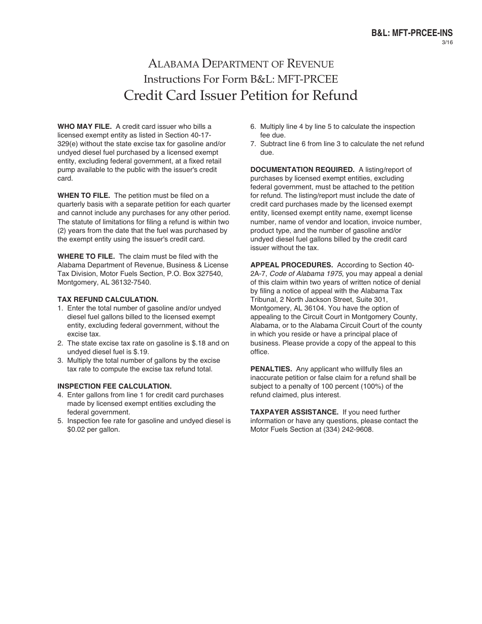 Form BL: MFT-PRCEE Credit Card Issuer Petition for Refund - Exempt Entity - Alabama, Page 2