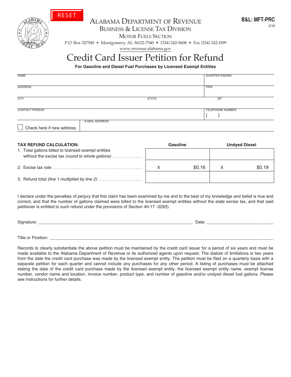 Form BL: MFT-PRC Credit Card Issuer Petition for Refund - Alabama, Page 1