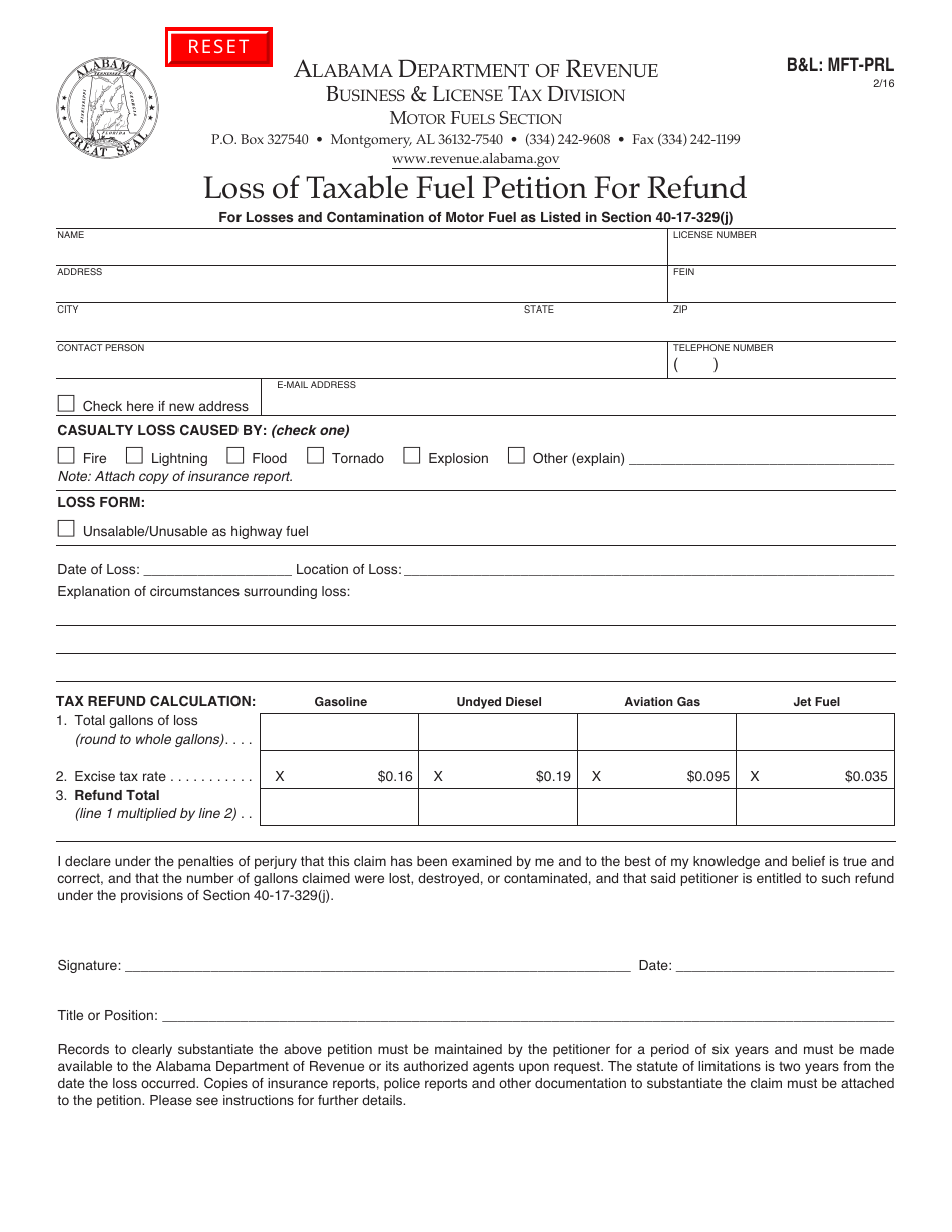 Form BL: MFT-PRL Loss of Taxable Fuel Petition for Refund - Alabama, Page 1