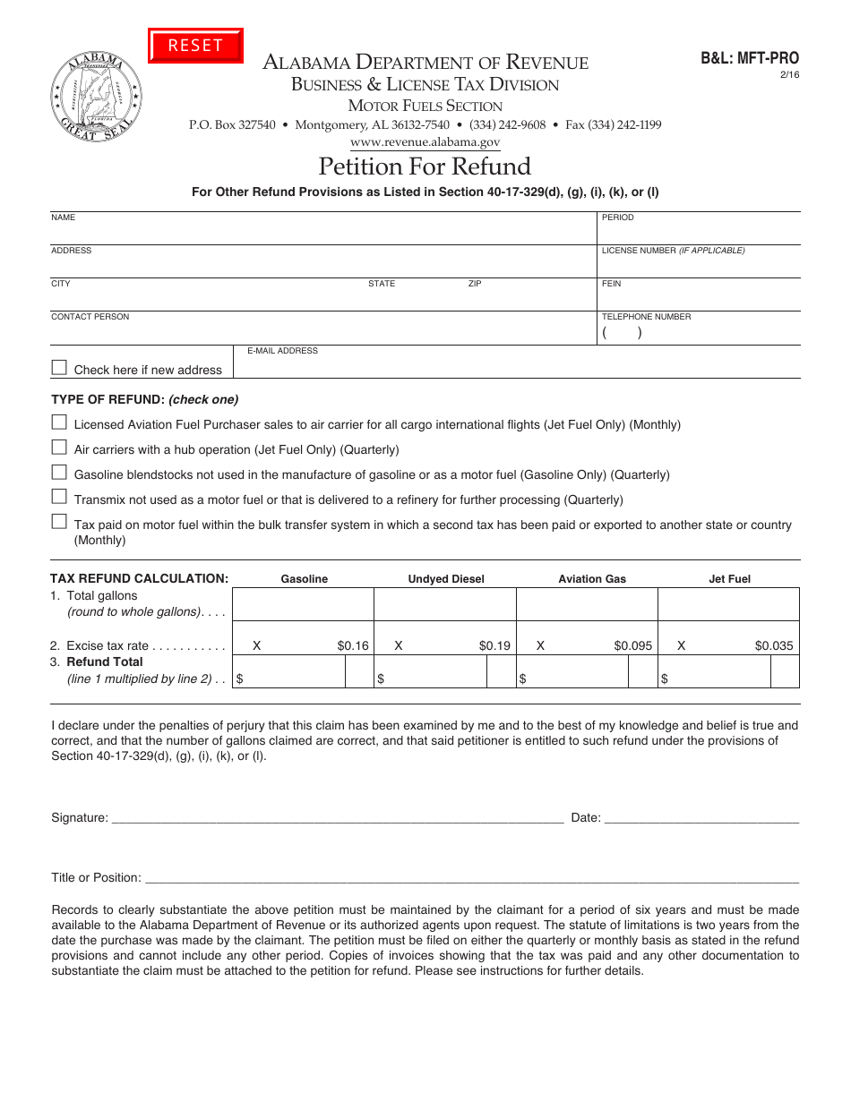 Form BL: MFT-PRO Petition for Refund - Alabama, Page 1