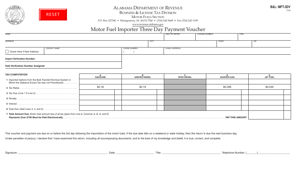 Form BL: MFT-3DV Motor Fuel Importer Three Day Payment Voucher - Alabama, Page 1