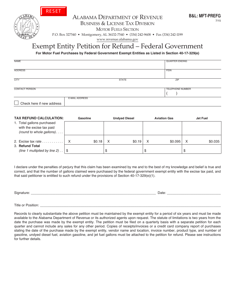 Form BL: MFT-PREFG Exempt Entity Petition for Refund - Federal Government - Alabama, Page 1