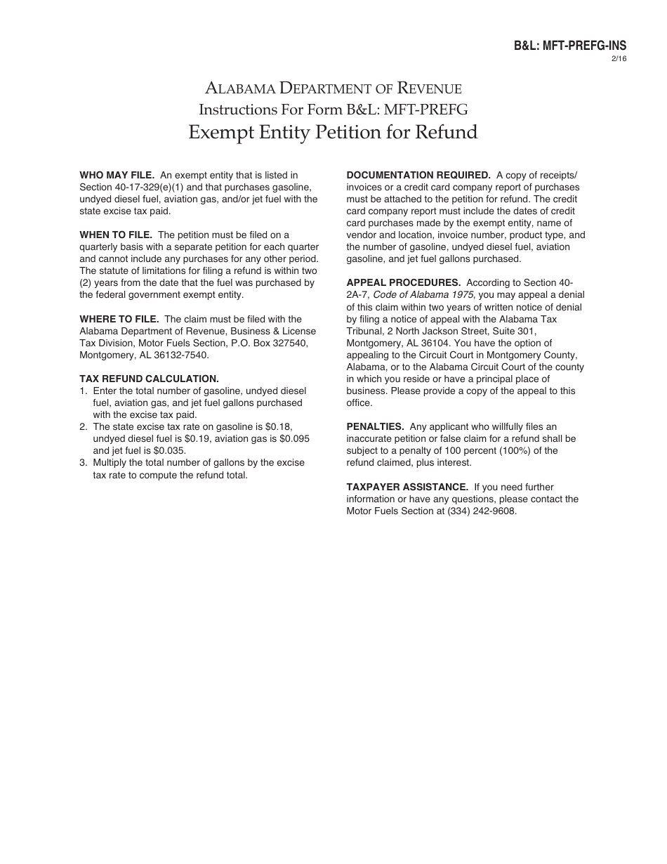 Form BL: MFT-PREFG Exempt Entity Petition for Refund - Federal Government - Alabama, Page 2