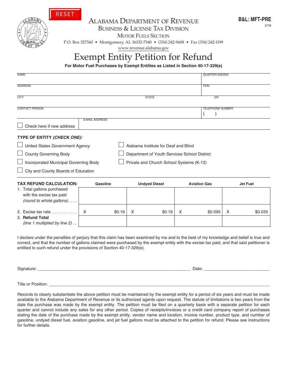 Form BL: MFT-PRE Exempt Entity Petition for Refund - Alabama, Page 1