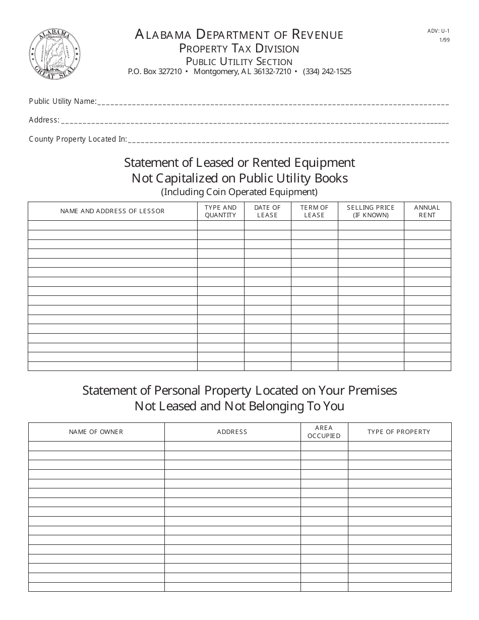Form ADV: U-1 Statement of Leased or Rented Equipment Not Capitalized - Alabama, Page 1