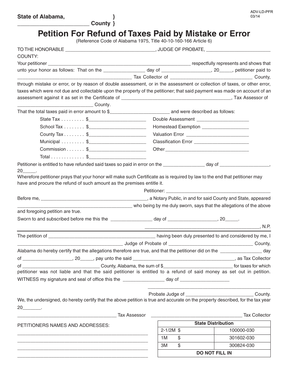 Form ADV-LD-PFR Petition for Refund of Taxes Paid by Mistake or Error - Alabama, Page 1