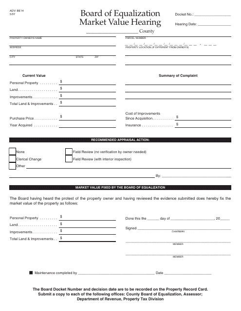 Form ADV: BE14  Printable Pdf