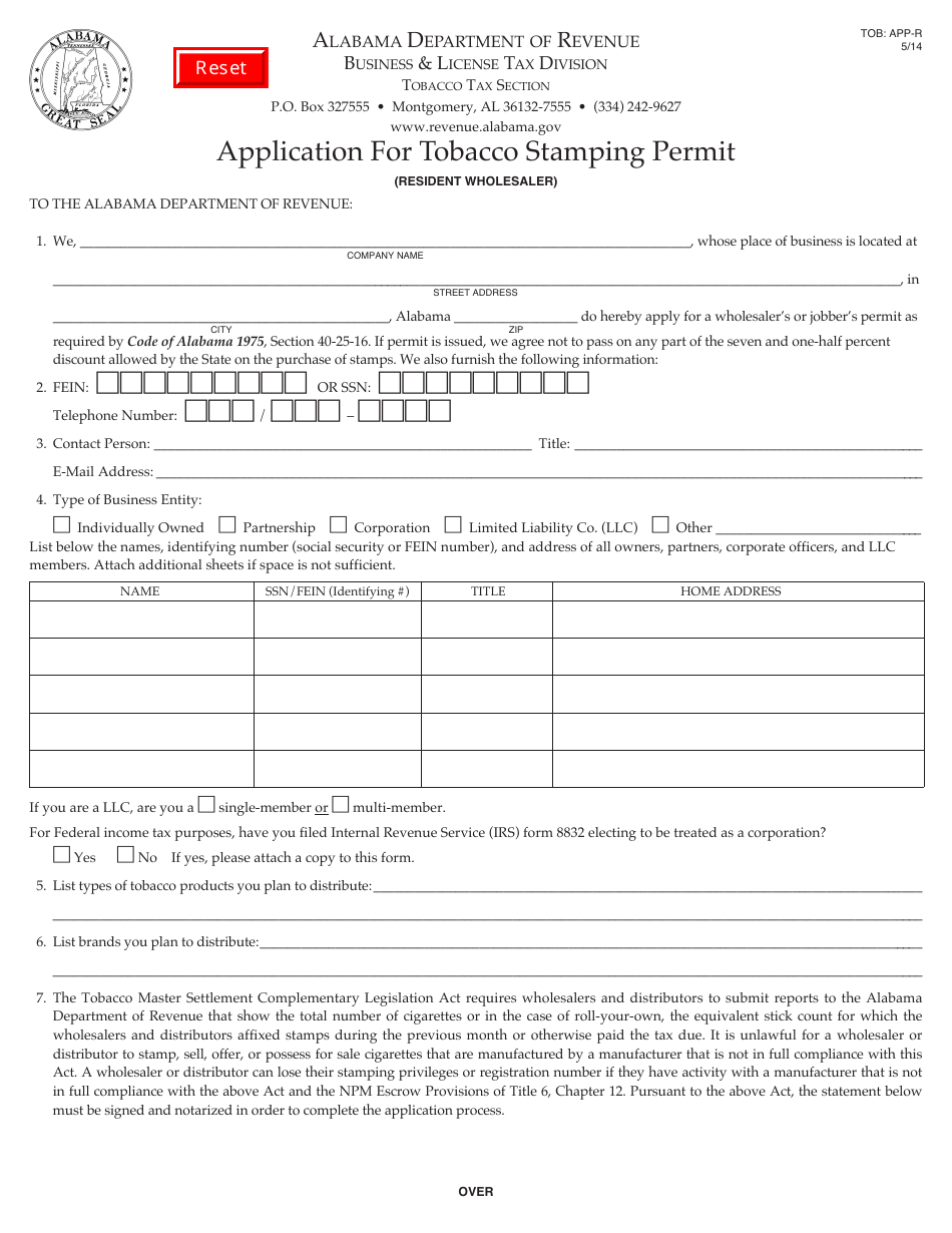 Form TOB: APP-R Application for Tobacco Stamping Permit - Alabama, Page 1