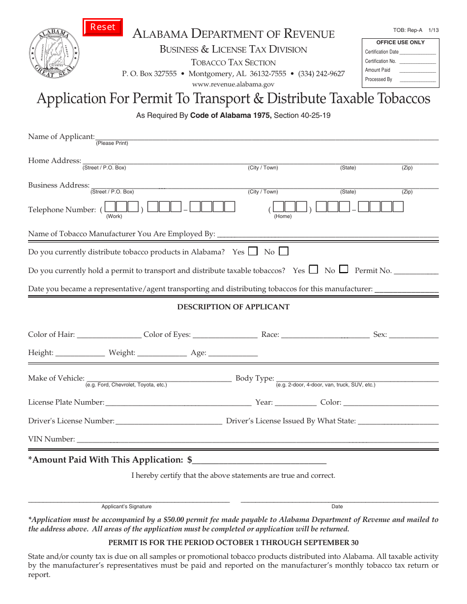 Form TOB: REP-A Application for Permit to Transport  Distribute Taxable Tobaccos - Alabama, Page 1