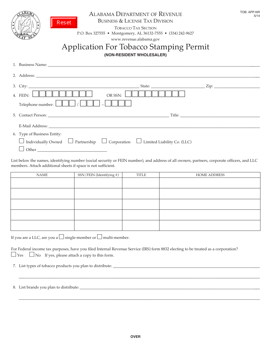 Form TOB: APP-NR Application for Tobacco Stamping Permit (Non-resident Wholesaler) - Alabama, Page 1