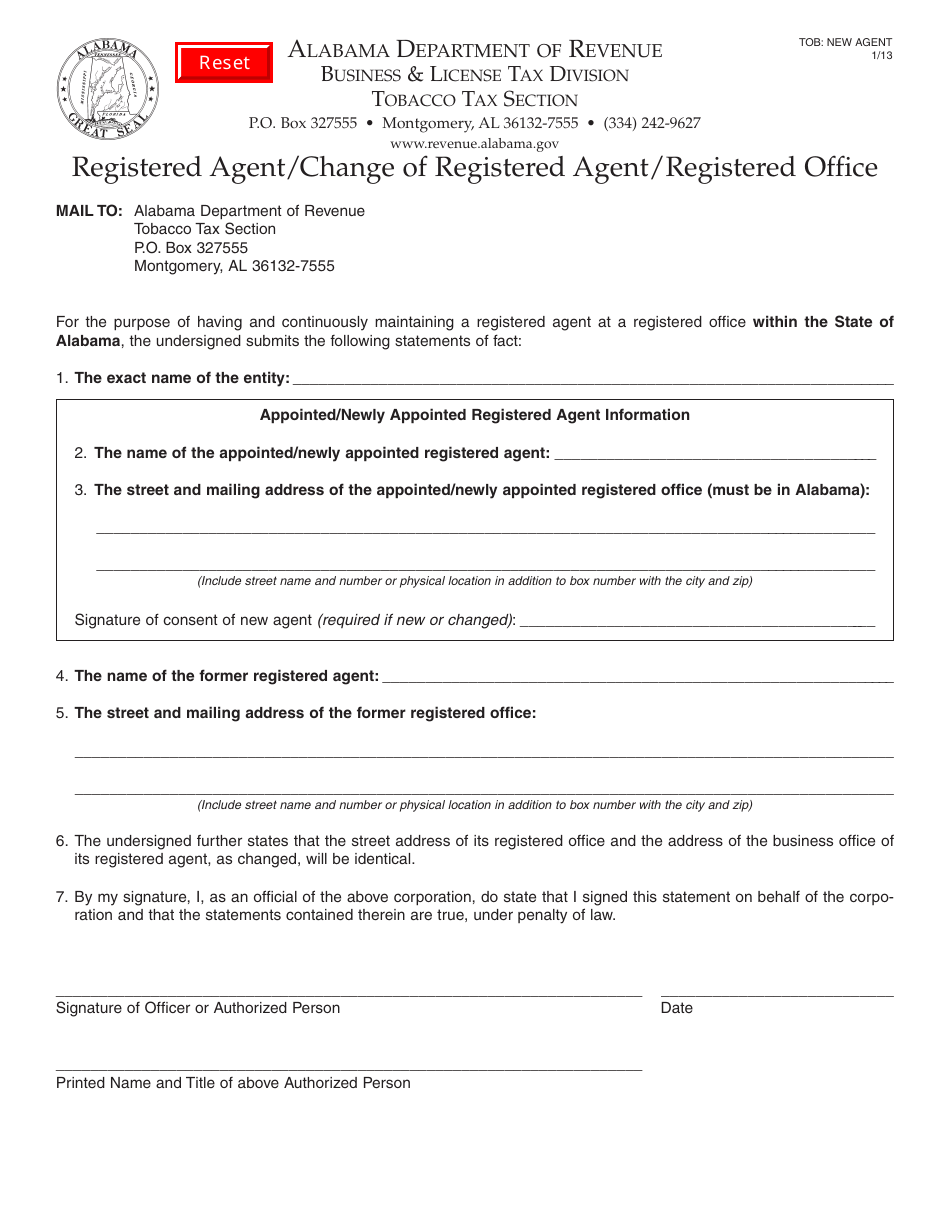 Form TOB: NEW AGENT Registered Agent / Change of Registered Agent / Registered Office - Alabama, Page 1