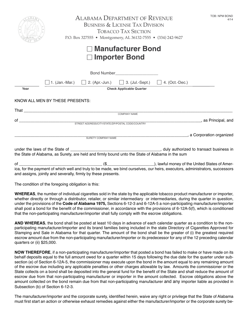Form TOB: NPM BOND Non-participating Manufacturer / Importer Tobacco Bond - Alabama, Page 1