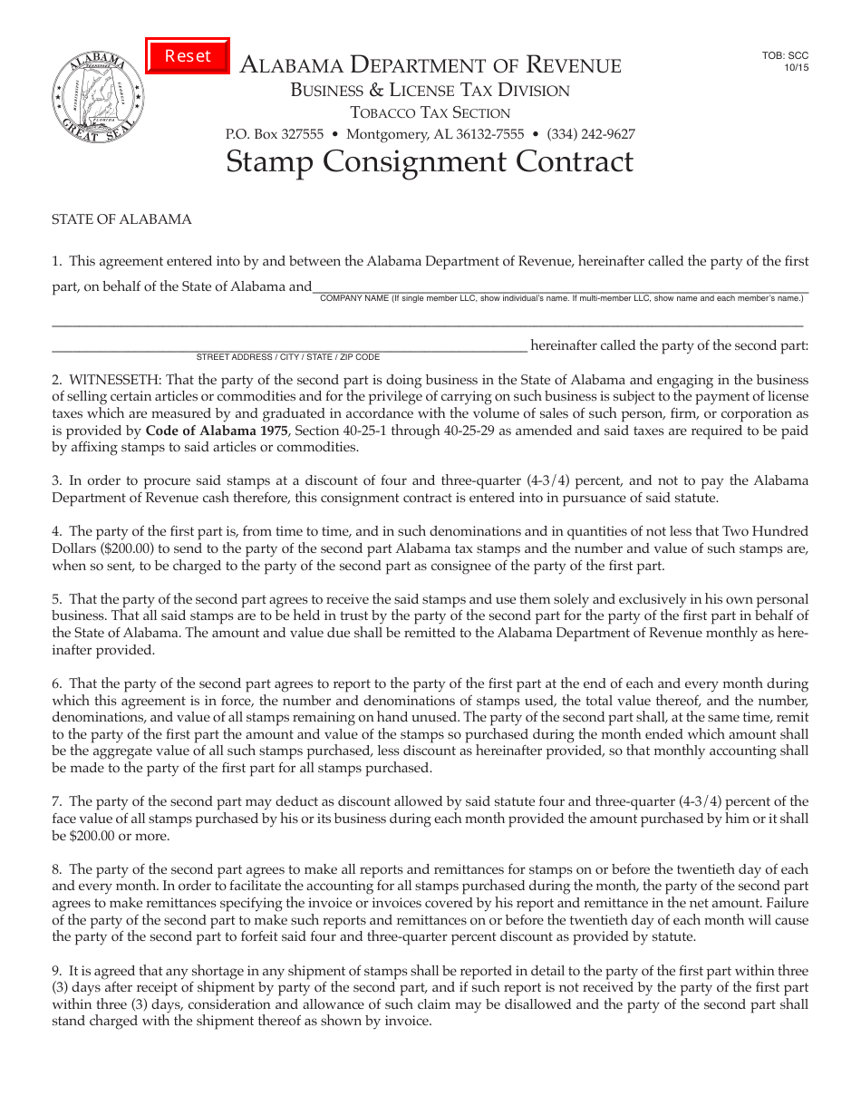 Form TOB: SCC Stamp Consignment Contract - Alabama, Page 1