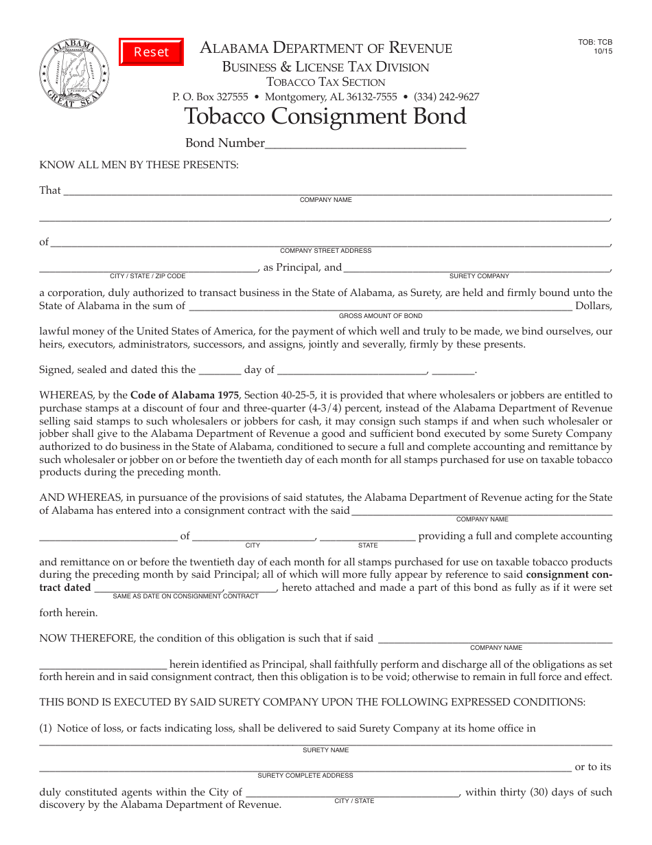 Form TOB: TCB Tobacco Consignment Bond - Alabama, Page 1