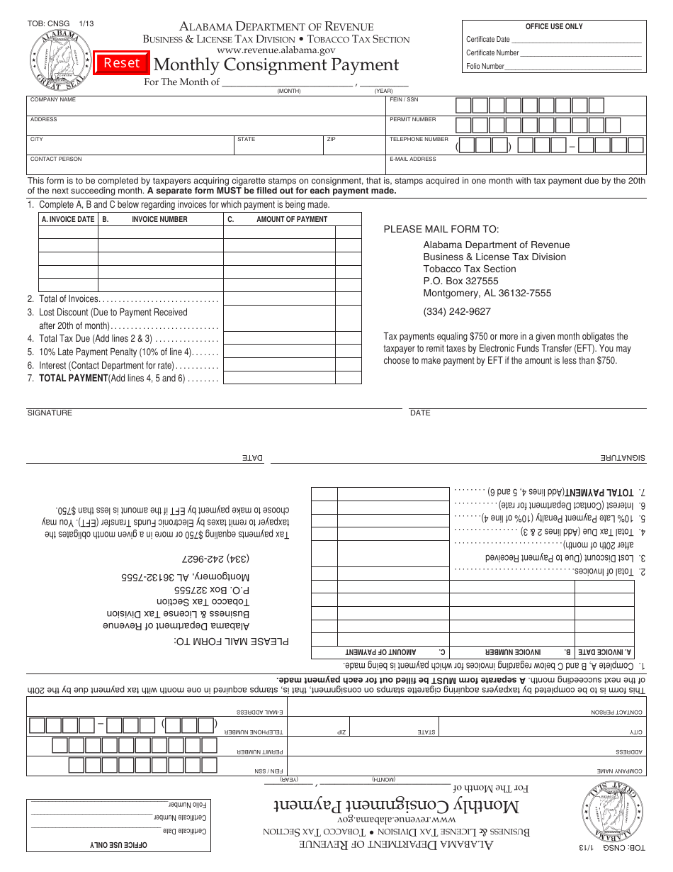 Form TOB: CNSG Monthly Consignment Payment - Alabama, Page 1