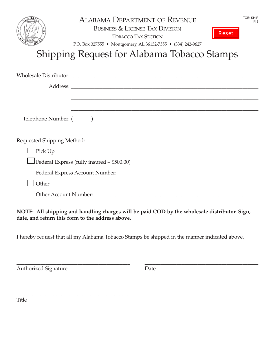Form TOB: SHIP Shipping Request for Alabama Tobacco Stamps - Alabama, Page 1