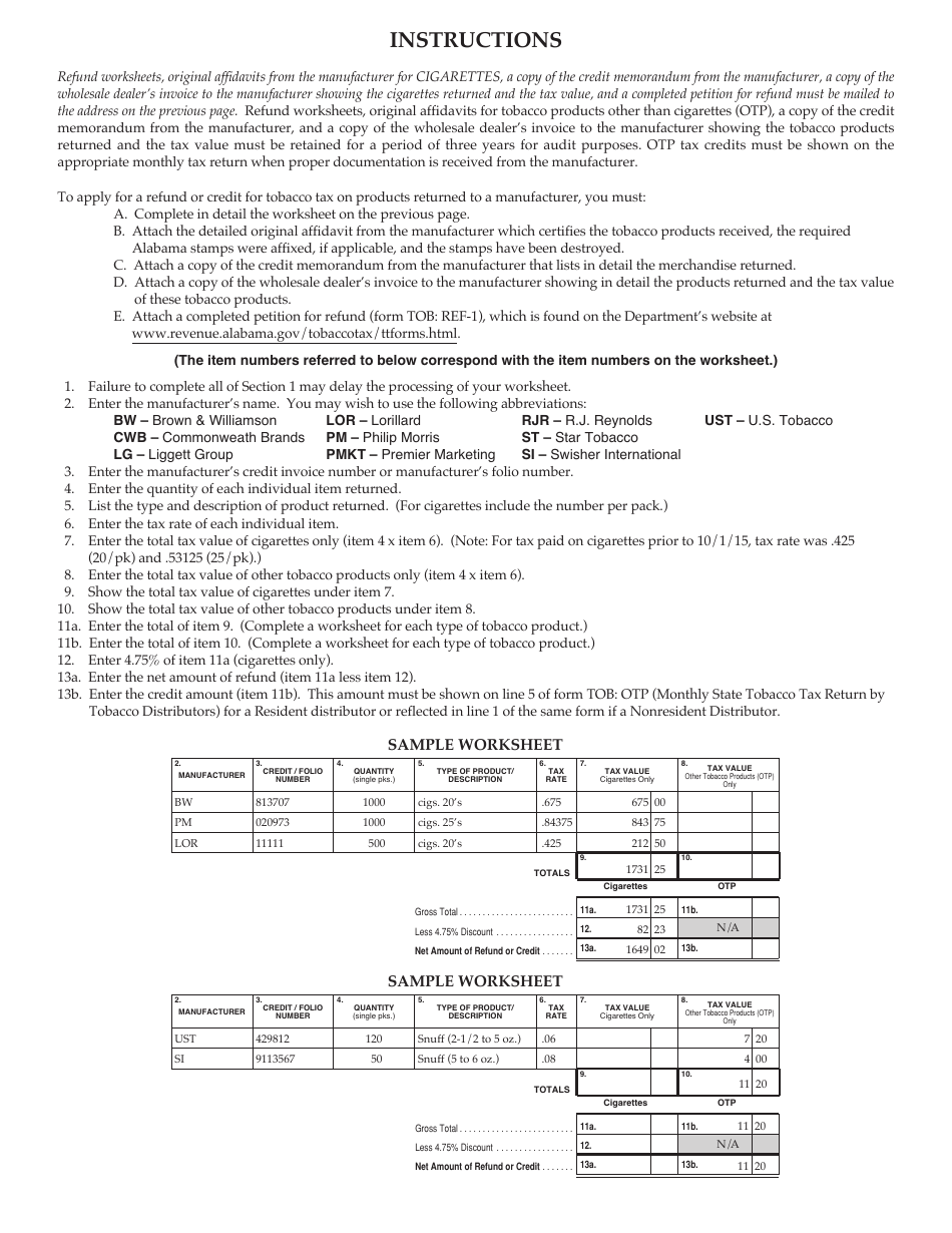Form TOB: REF-WS Wholesalers Refund Worksheet - Alabama, Page 2