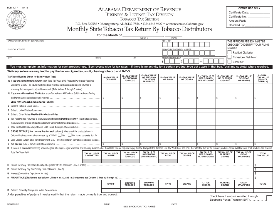 Form TOB: OTP Monthly State Tobacco Tax Return by Tobacco Distributors - Alabama, Page 1
