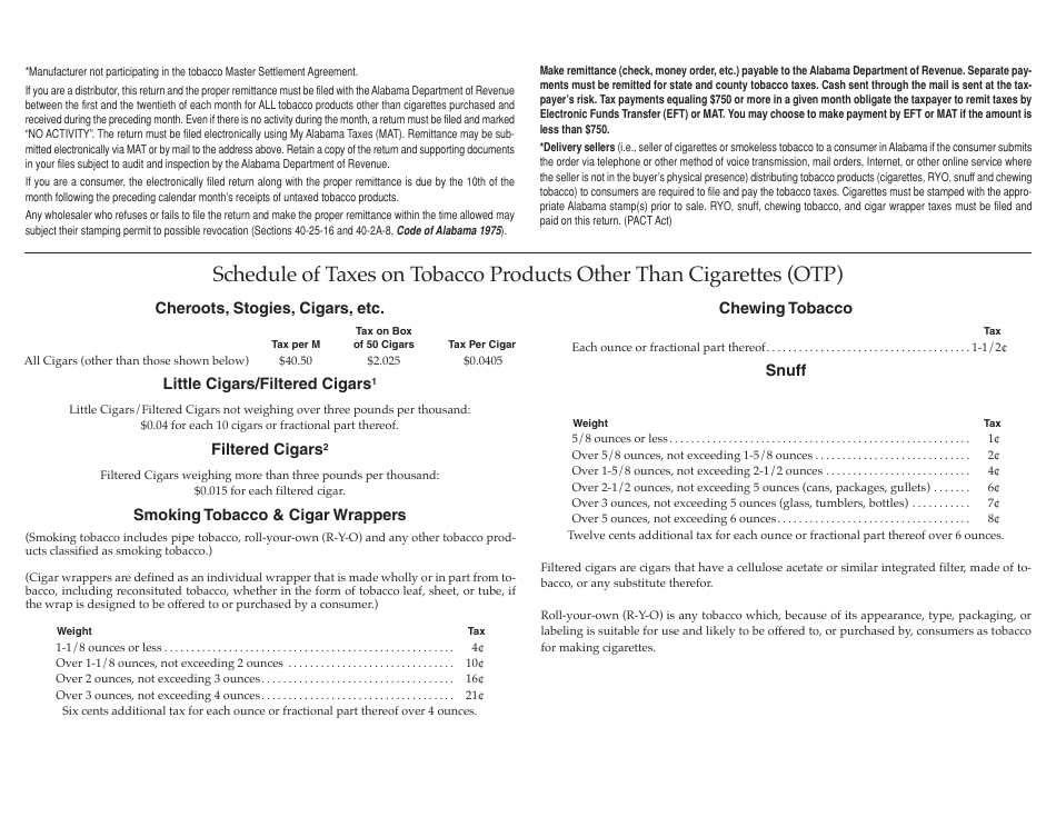 Form TOB: OTP Monthly State Tobacco Tax Return by Tobacco Distributors - Alabama, Page 2