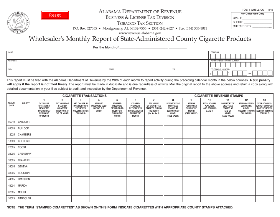 Form TOB: T-WHSLE-CO Wholesalers Monthly Report of State-Administered County Cigarette Products - Alabama, Page 1
