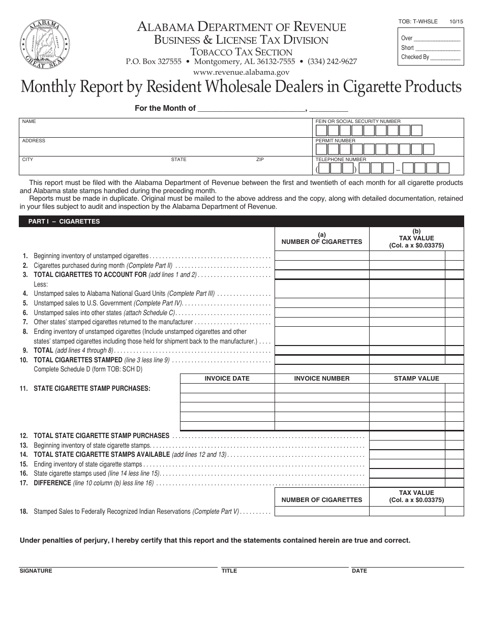 Form TOB: T-WHSLE Monthly Report by Resident Wholesale Dealers in Cigarette Products - Alabama, Page 1