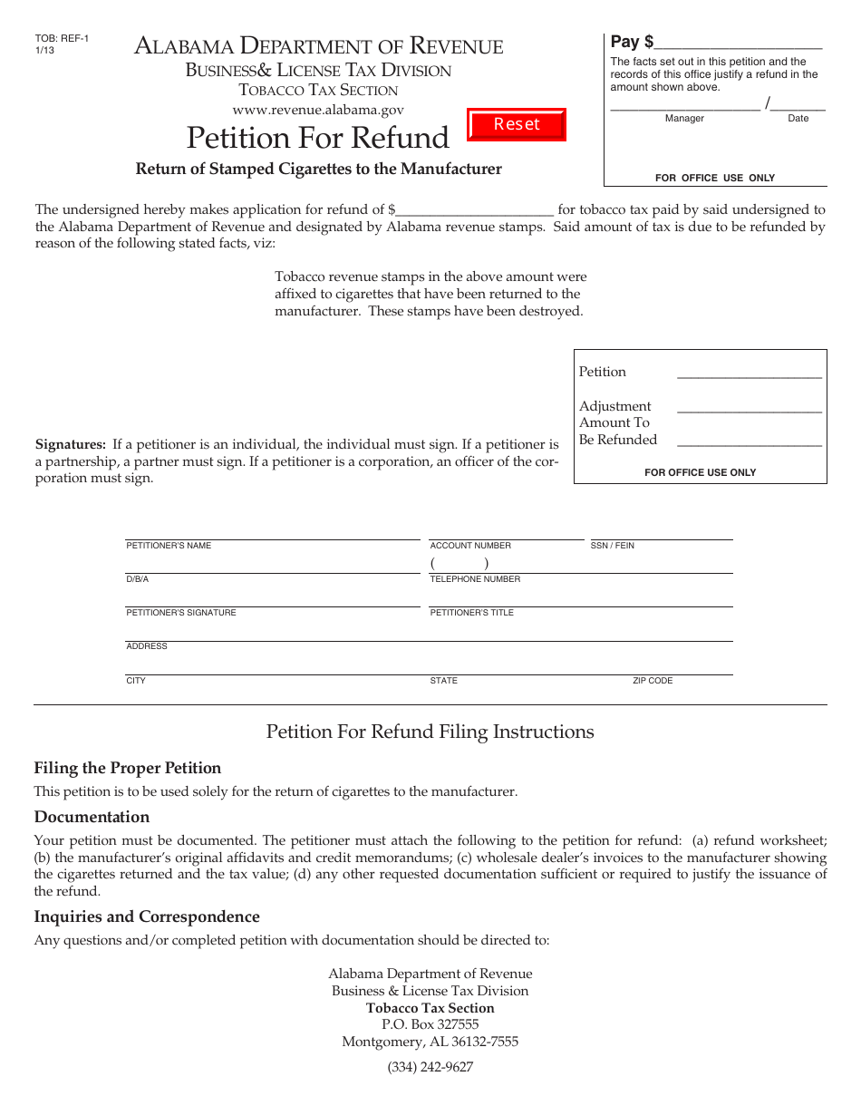 Form TOB: REF-1 Petition for Refund - Alabama, Page 1