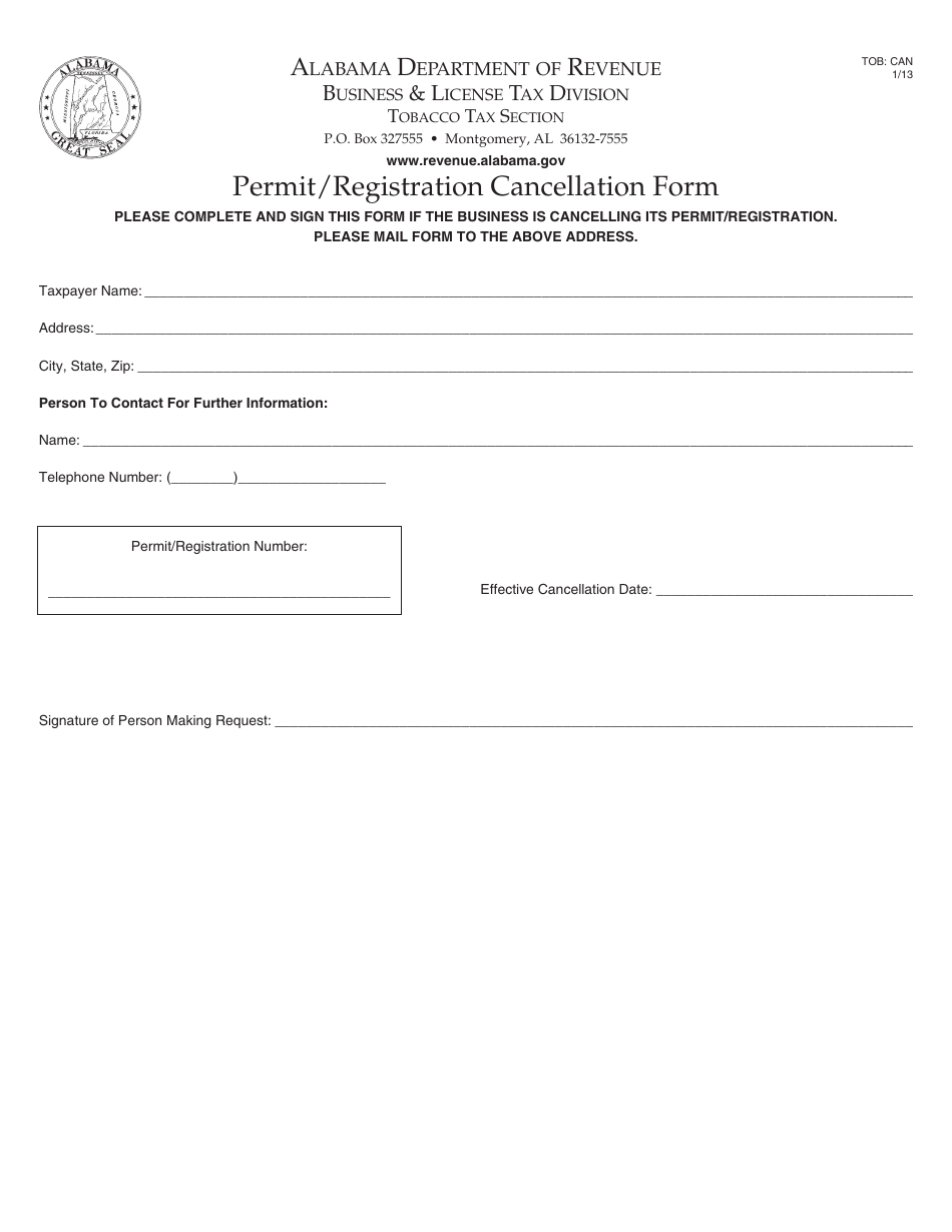 Form TOB: CAN Permit/Registration Cancellation Form - Alabama, Page 1