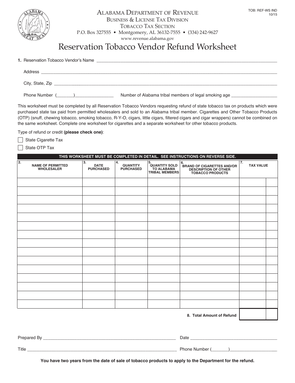 Form TOB: REF-WS IND Reservation Tobacco Vendor Refund Worksheet - Alabama, Page 1