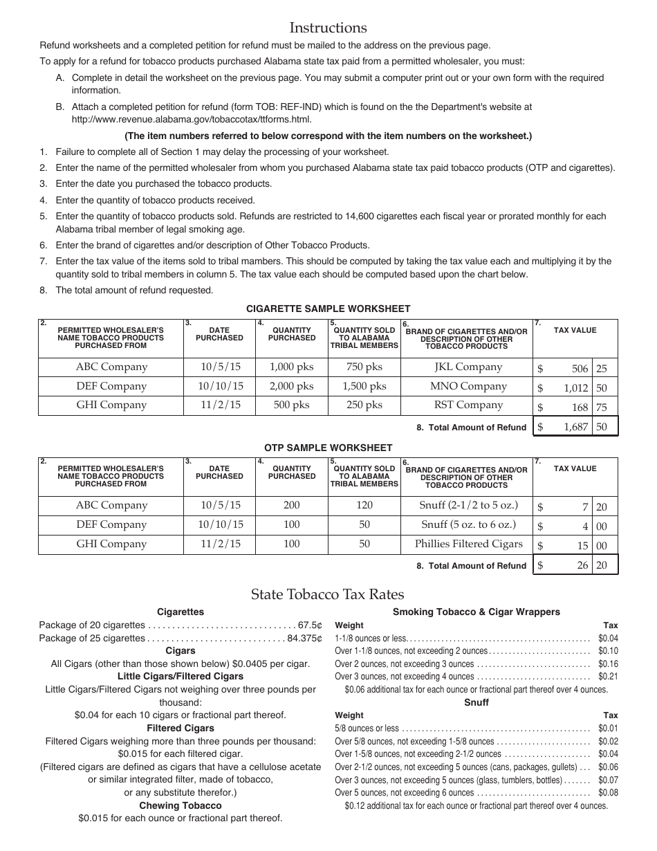 Form TOB: REF-WS IND Reservation Tobacco Vendor Refund Worksheet - Alabama, Page 2