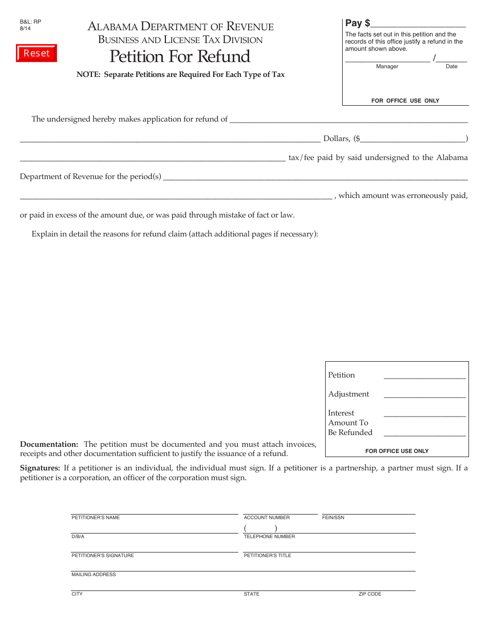 Form BL: RP Petition for Refund - Alabama, Page 1