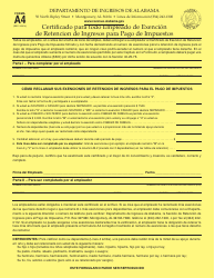 Document preview: Formulario A4 Certificado Para Todo Empleado De Exencion De Retencion De Ingresos Para Pago De Impuestos - Alabama (Spanish)