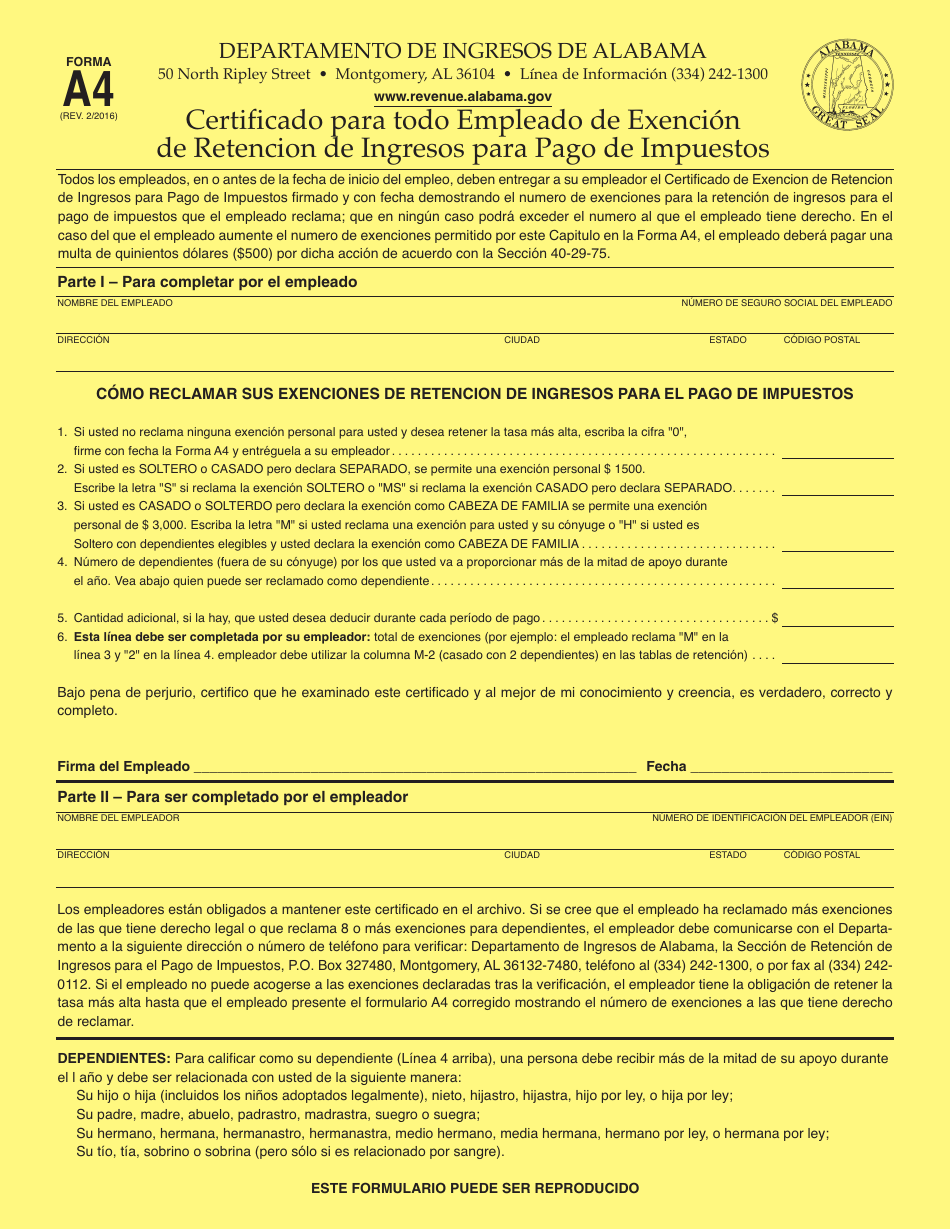 Formulario A4 Certificado Para Todo Empleado De Exencion De Retencion De Ingresos Para Pago De Impuestos - Alabama (Spanish), Page 1