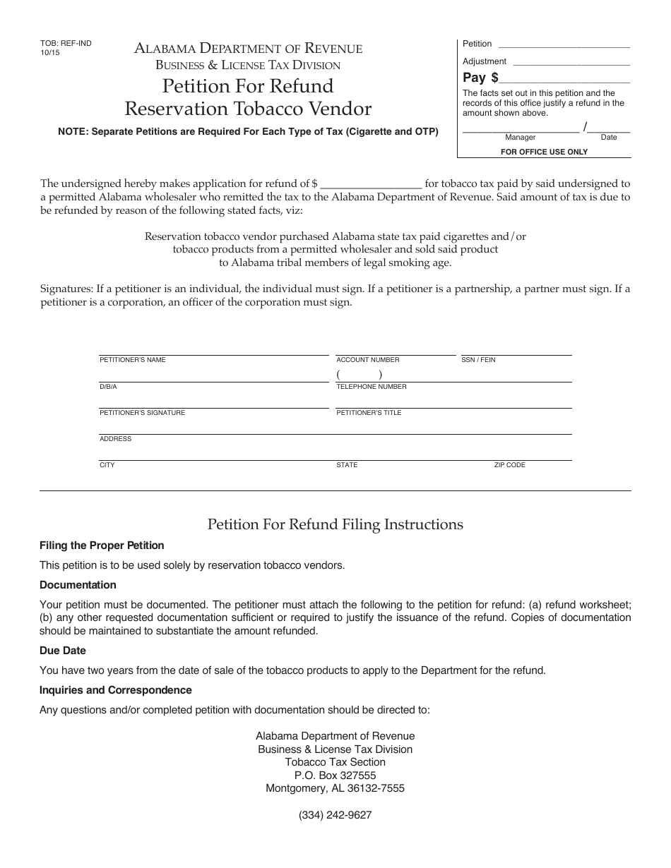 Form TOB: REF-IND Petition for Refund Reservation Tobacco Vendor - Alabama, Page 1