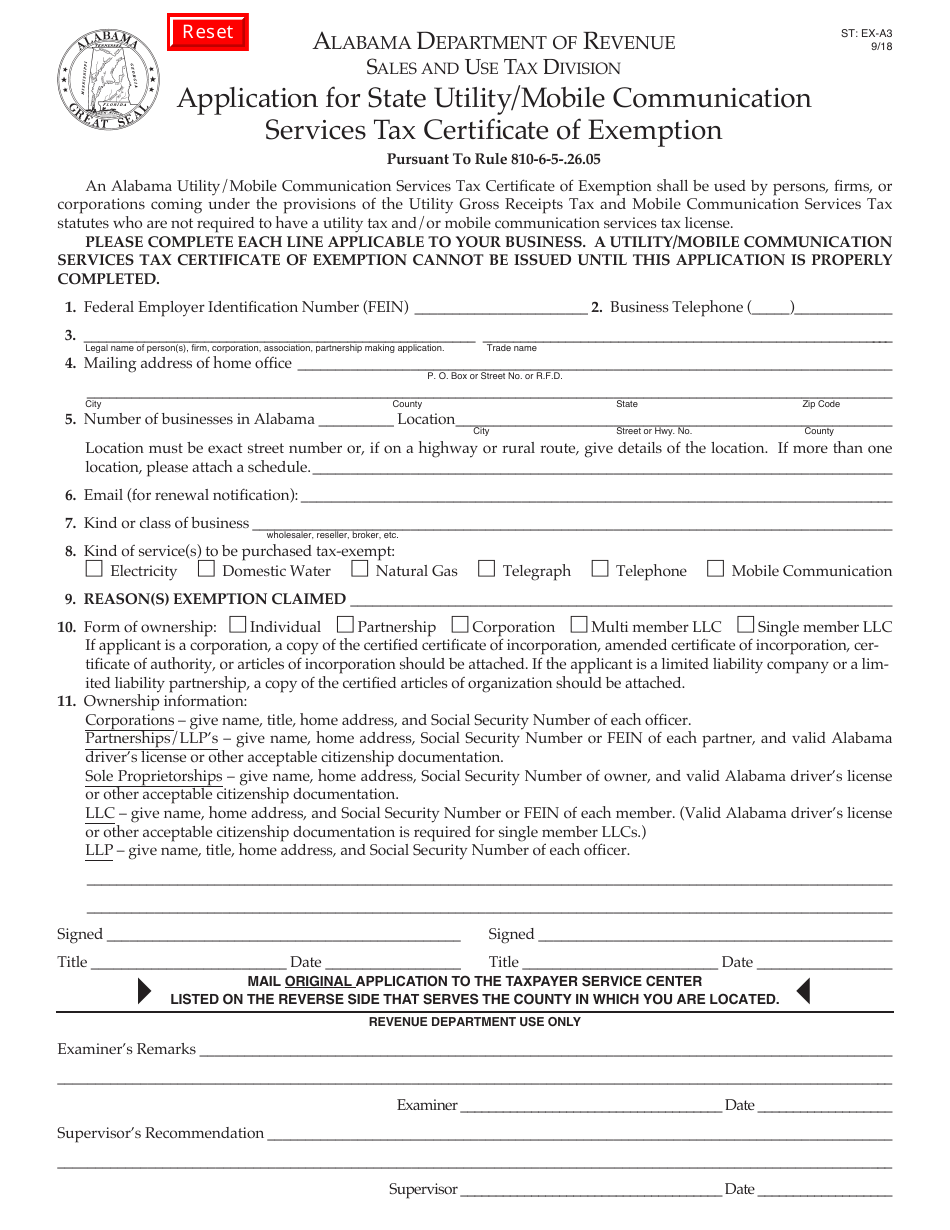 Form ST: EX-A3 Application for State Utility / Mobile Communication Services Tax Certificate of Exemption - Alabama, Page 1