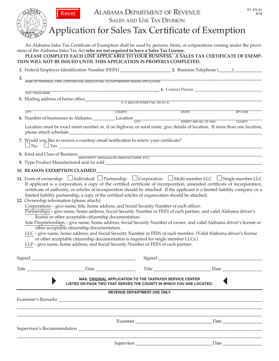 Form ST: EX-A1 Application for Sales Tax Certificate of Exemption - Alabama, Page 1